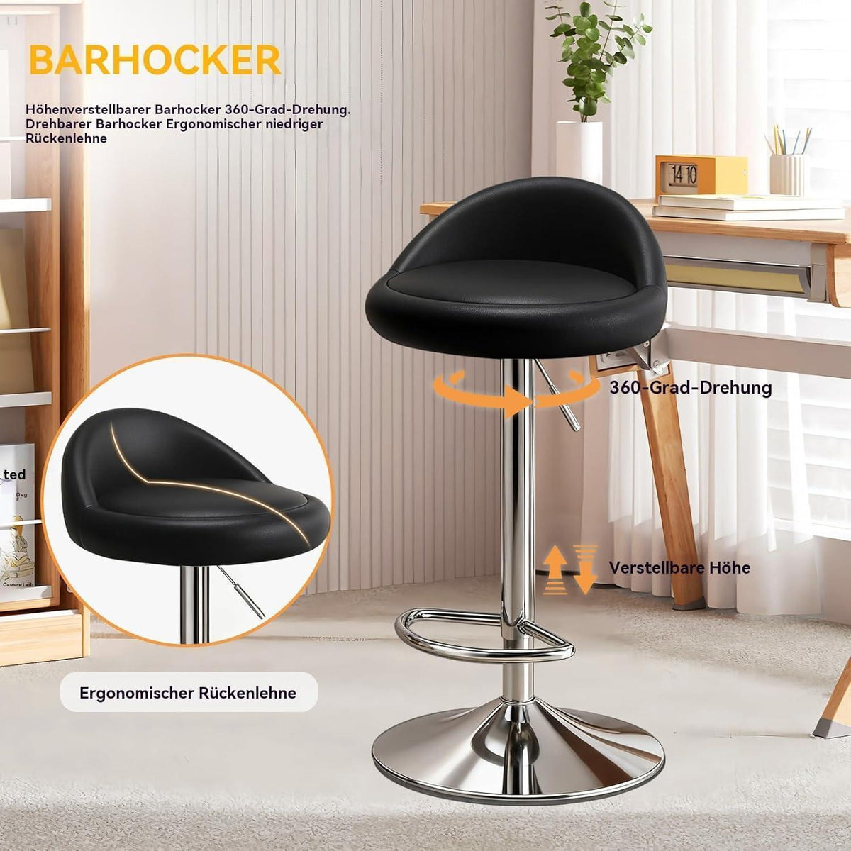 Drehbarer Barhocker Set (2x Schwarz) – Höhenverstellbar & Komfortabel
