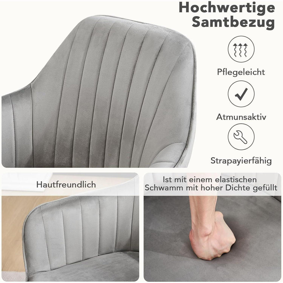 Drehbarer Esszimmerstuhl Set, Samt, Hellgrau, 4er Set