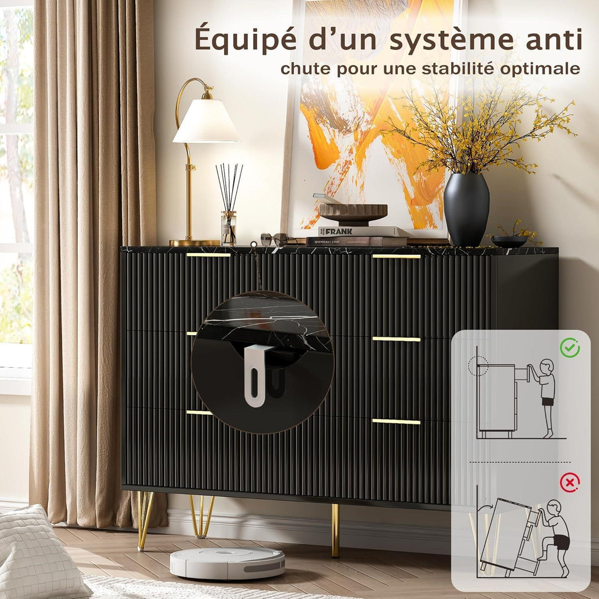 Kommode 6 Schubladen Schwarz | Modernes Schlafzimmer Möbel mit Marmoroptik