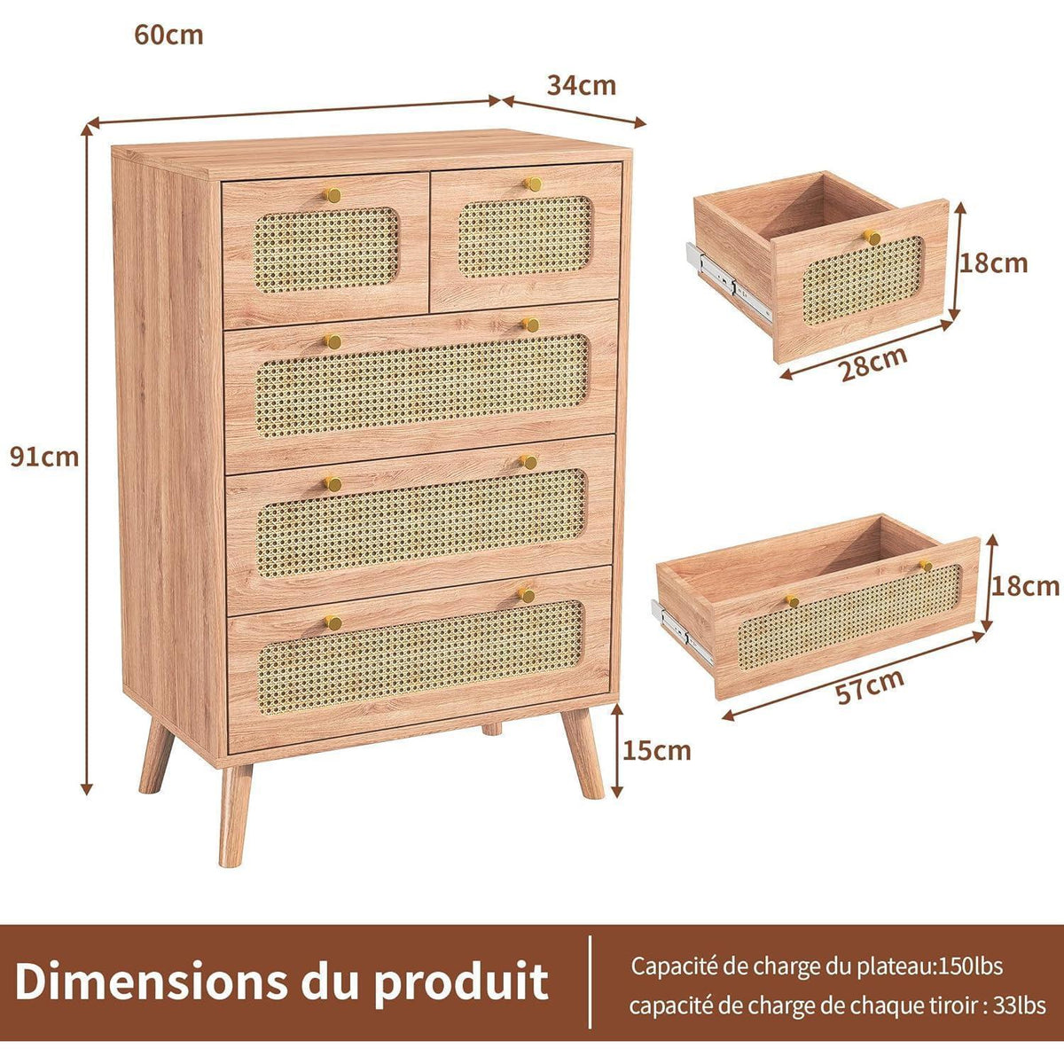 Rattan Schubladenschrank mit Kippschutz – Kommode für Schlafzimmer & Co.