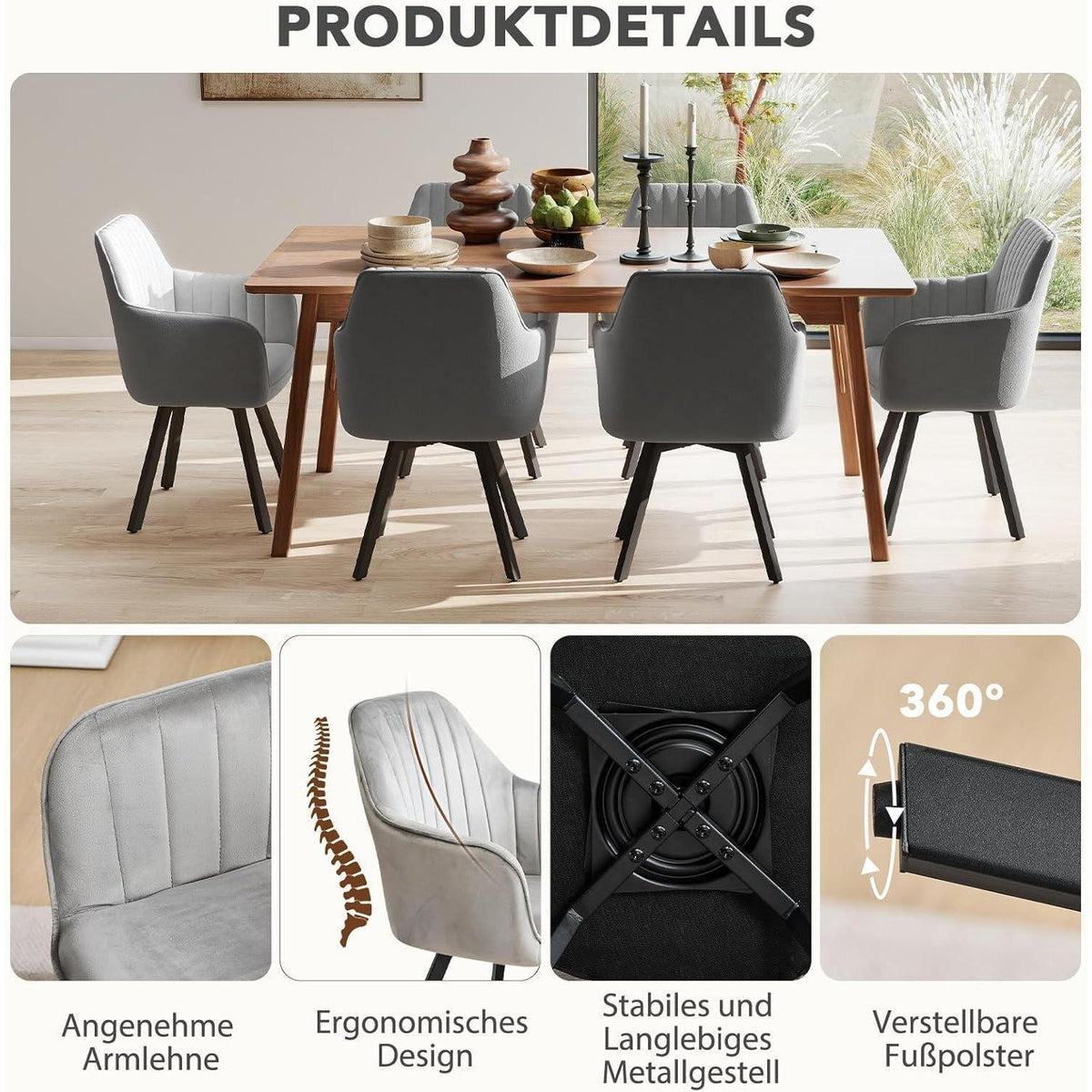 Drehbarer Esszimmerstuhl mit Armlehne & Samtbezug - 6er Set
