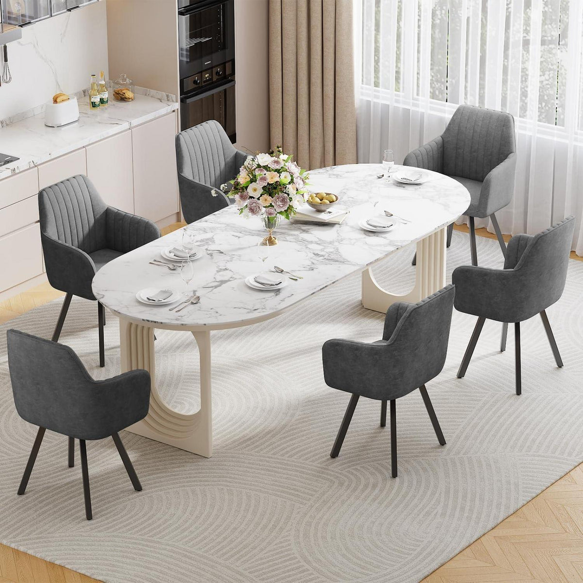 Drehbarer Esszimmerstuhl Set 6x, Samt & Metall, Dunkelgrau