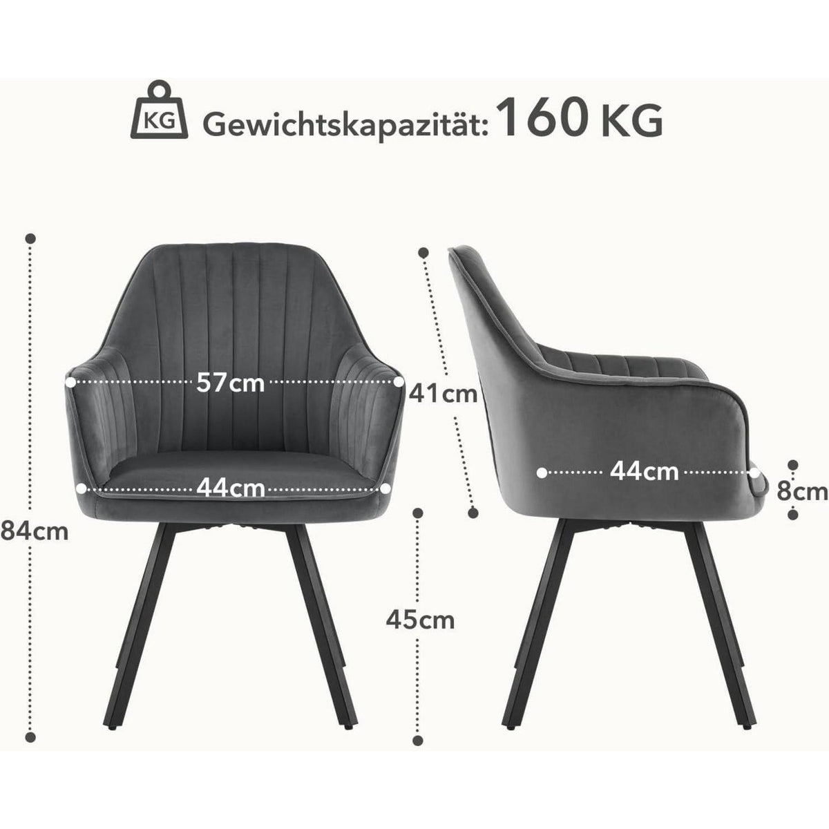 Drehbarer Esszimmerstuhl Set 6x, Samt & Metall, Dunkelgrau