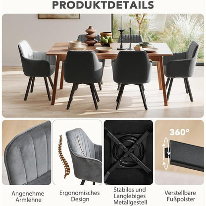 Drehbarer Esszimmerstuhl Set 6x, Samt & Metall, Dunkelgrau