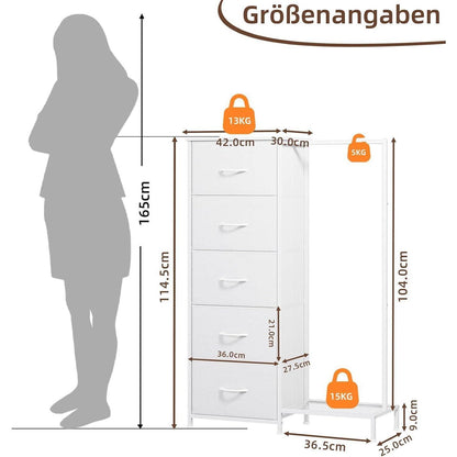 Kommode mit 5 Schubladen & Kleiderstange – Weiß