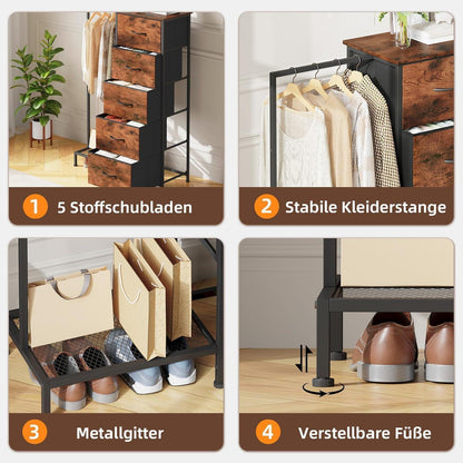 Stoffkommode mit Kleiderstange & 5 Schubladen – Schlafzimmer Schrank