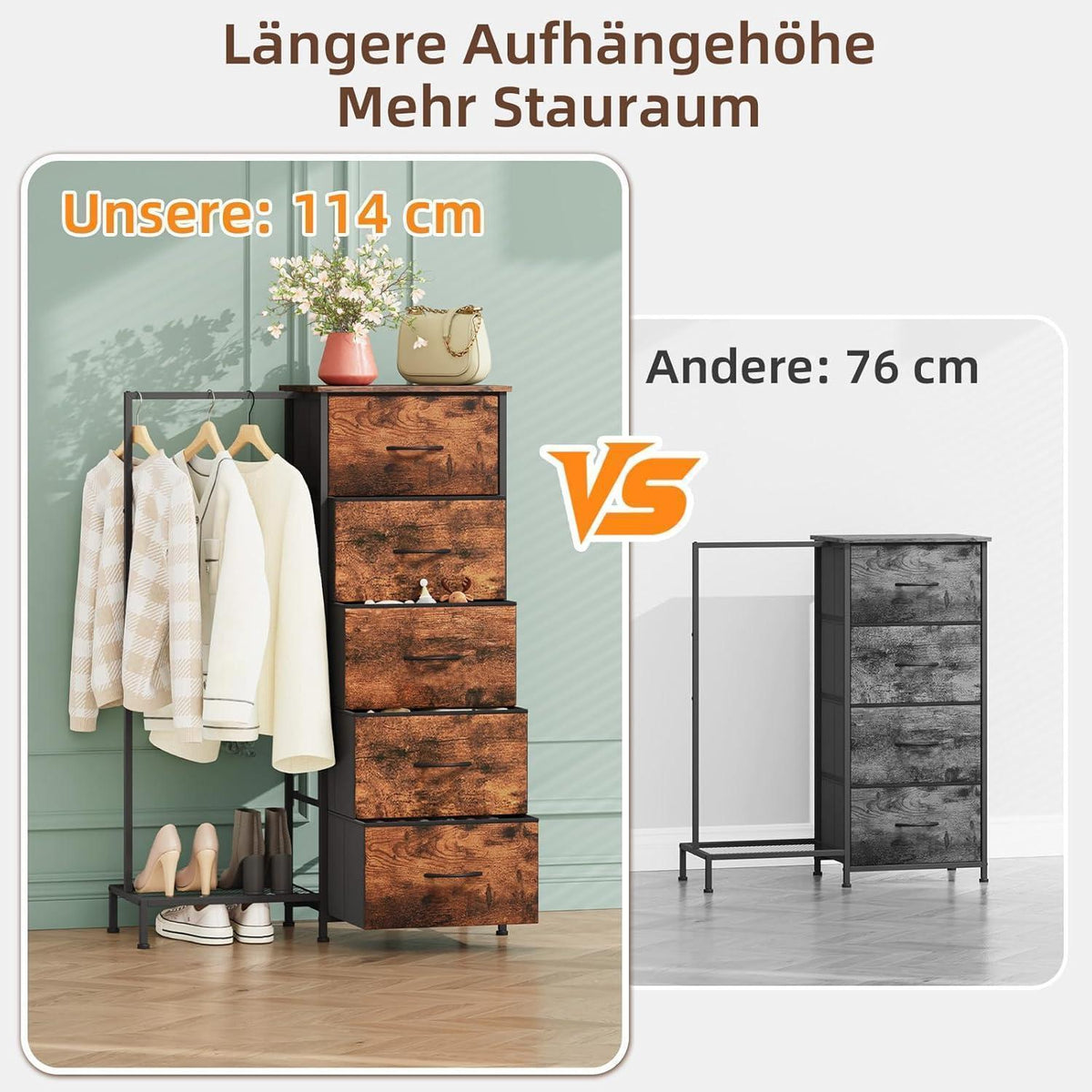 Stoffkommode mit Kleiderstange & 5 Schubladen – Schlafzimmer Schrank