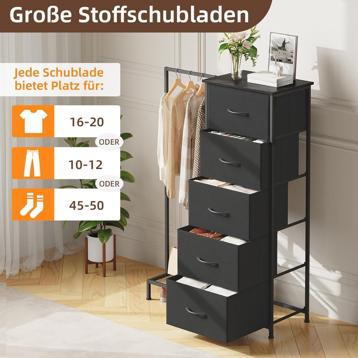 Stoffkommode mit Kleiderstange & 5 Schubladen – Schwarz