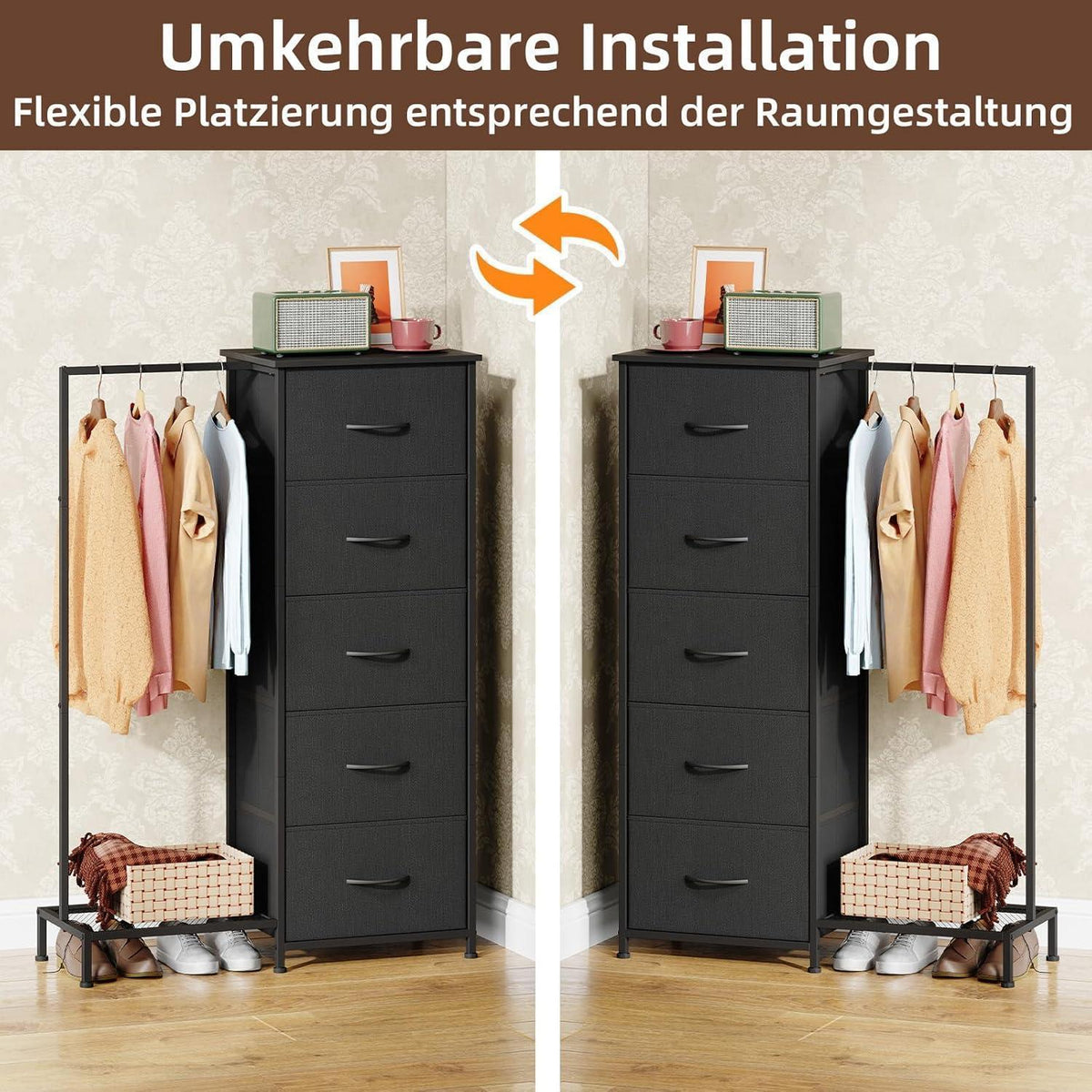 Stoffkommode mit Kleiderstange & 5 Schubladen – Schwarz