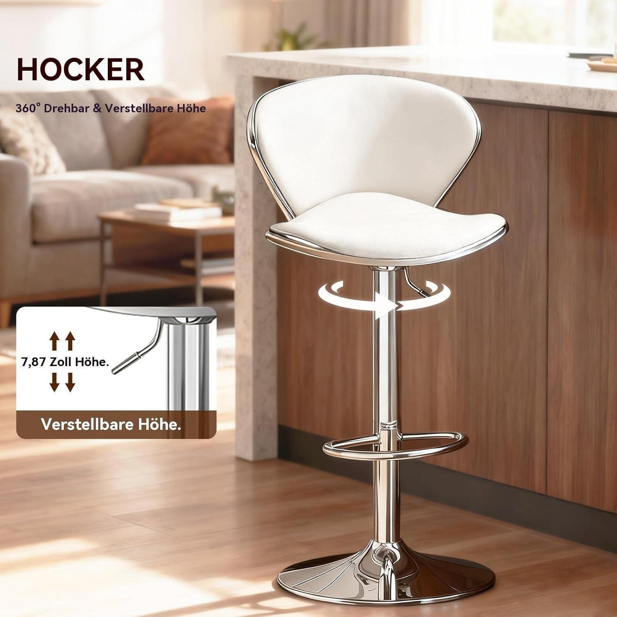 Moderne Barhocker-Set (2x Weiß) mit Fußstütze & Höhenverstellung