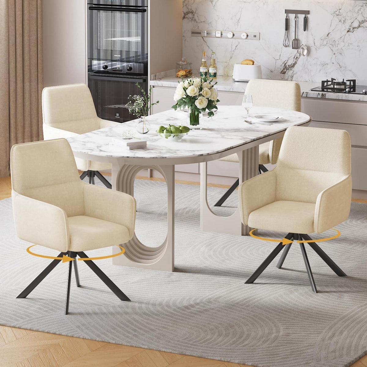 Drehbarer Esszimmerstuhl mit Armlehne & Chenillebezug - Beige (4er Set)