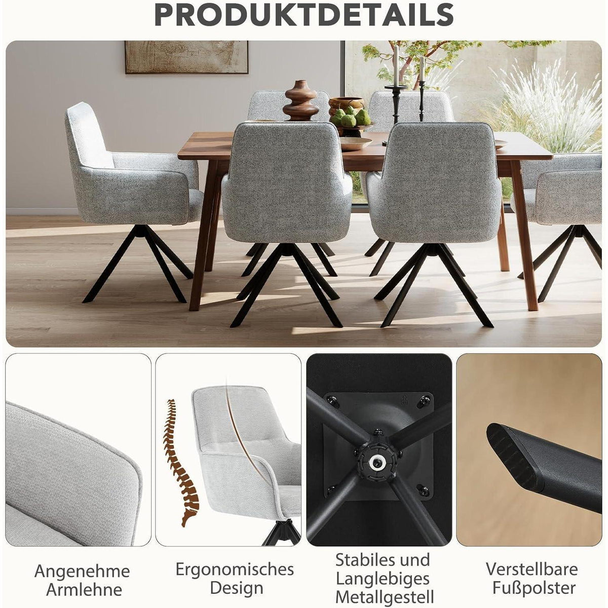 Drehbarer Esszimmerstuhl Set 6x – Bequemer Chenille Polsterstuhl