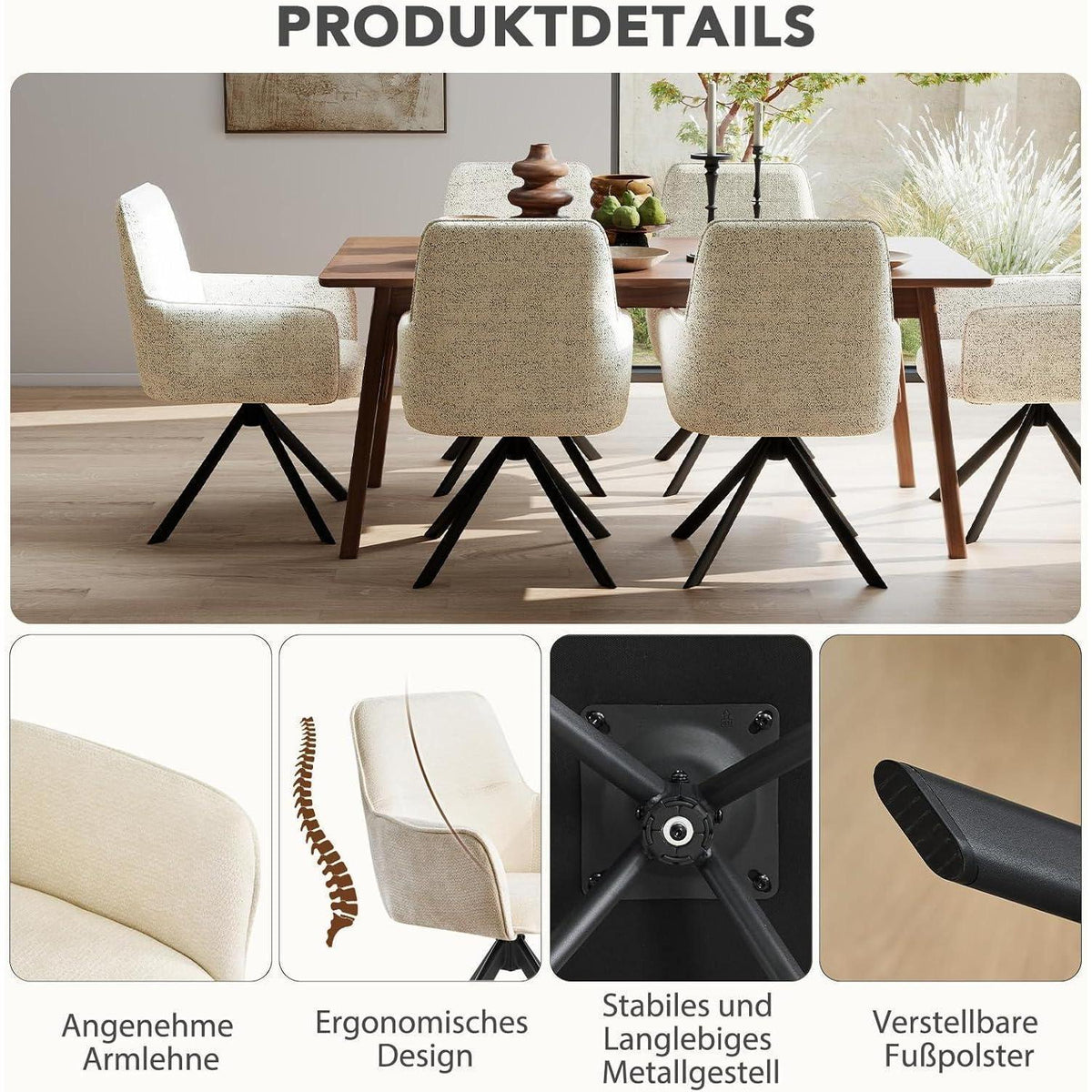Drehbarer Esszimmerstuhl Set 6x mit Armlehne & Chenille Bezug