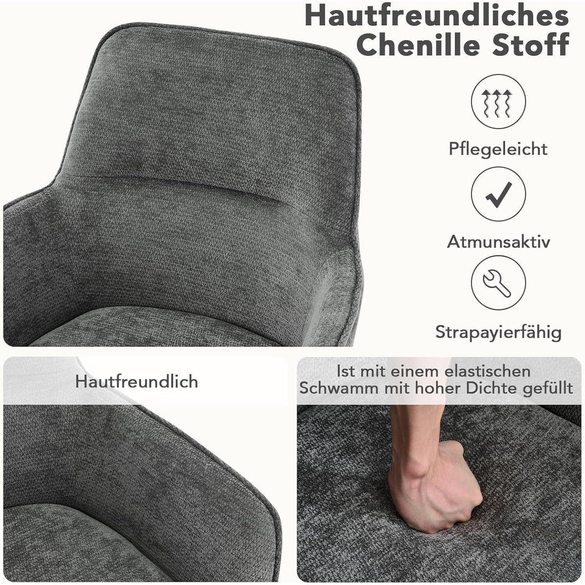 Drehbarer Esszimmerstuhl Set, Dunkelgrau, Chenille & Metall