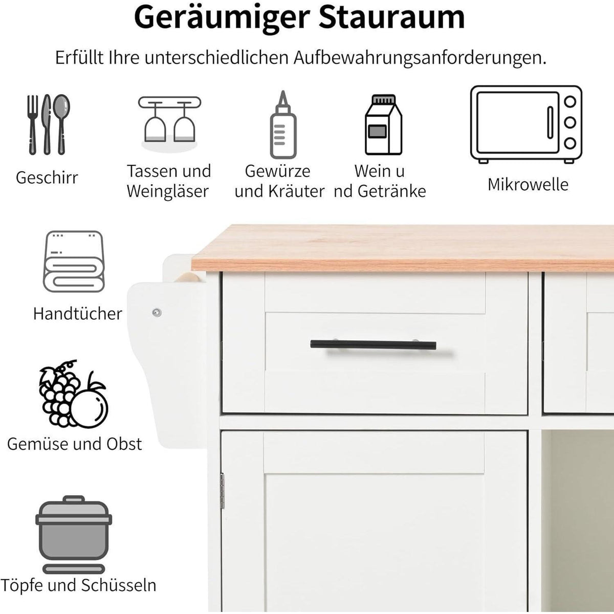 Kücheninselwagen mit abklappbarer Arbeitsplatte, Weiß