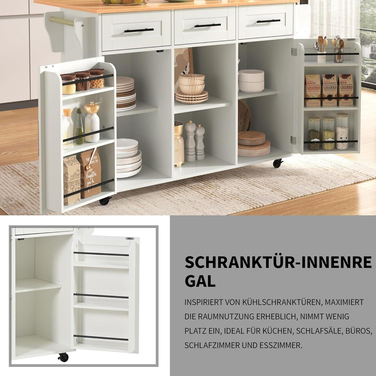 Kücheninselwagen mit abklappbarer Arbeitsplatte, Weiß