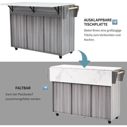 Küchenwagen mit Rollen & Klappplatte – Grau 139x46x91,5cm