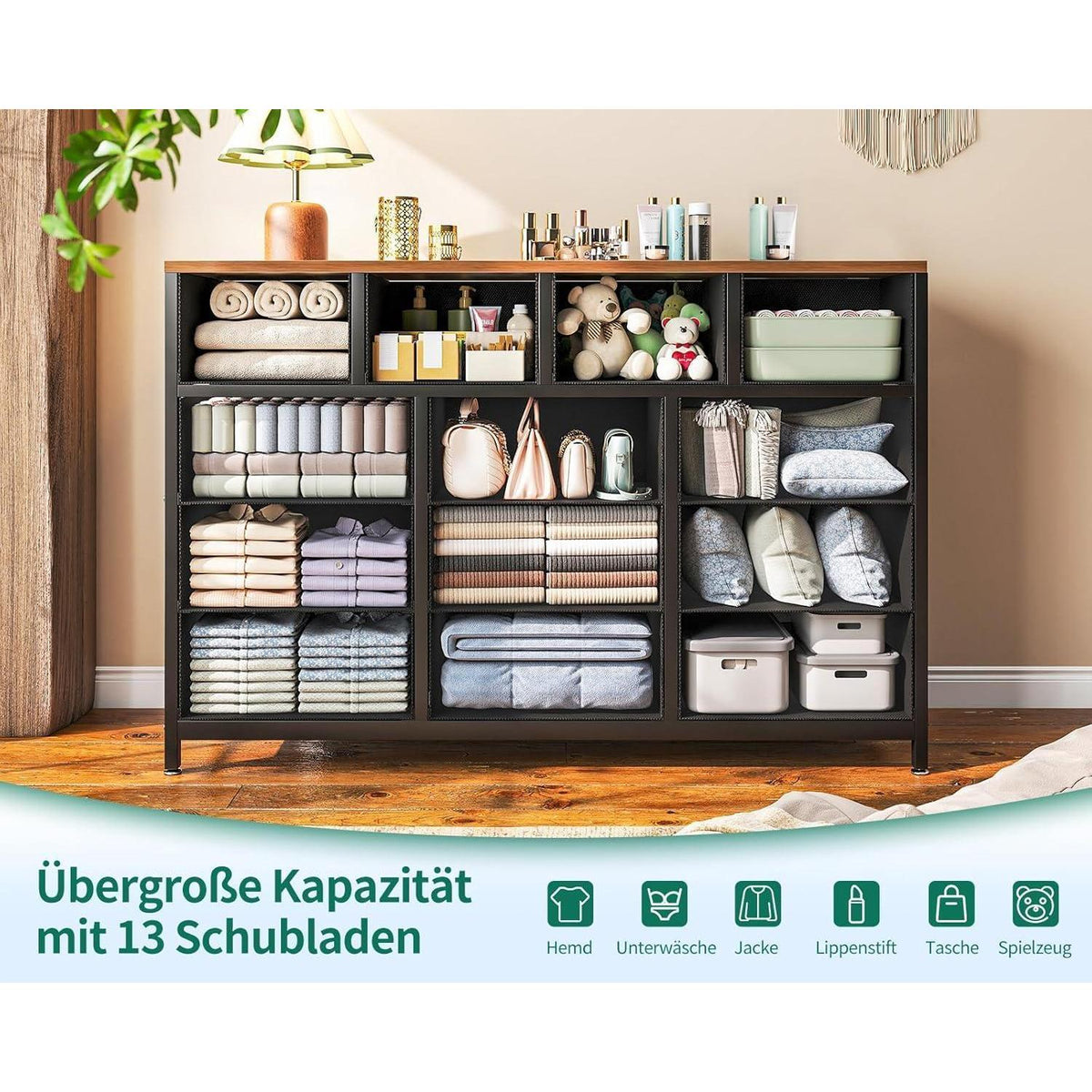 Große Kommode mit 13 Schubladen – Stahlrahmen & Holzplatte