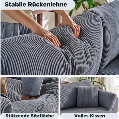 Großes 3-Sitzer Cord Sofa mit Tiefsitz & hohen Beinen – Grau