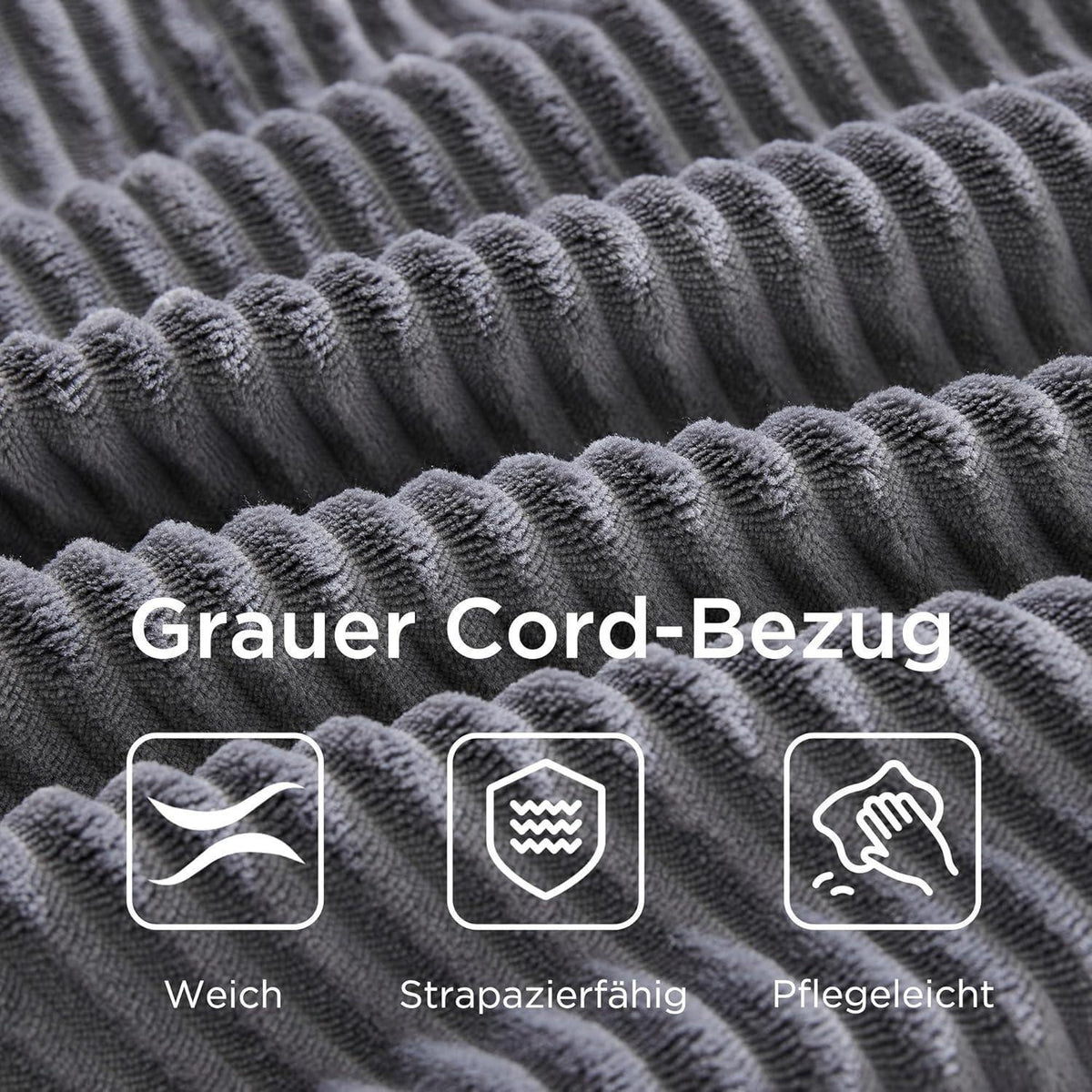 Großes 3-Sitzer Cord Sofa mit Tiefsitz & hohen Beinen – Grau