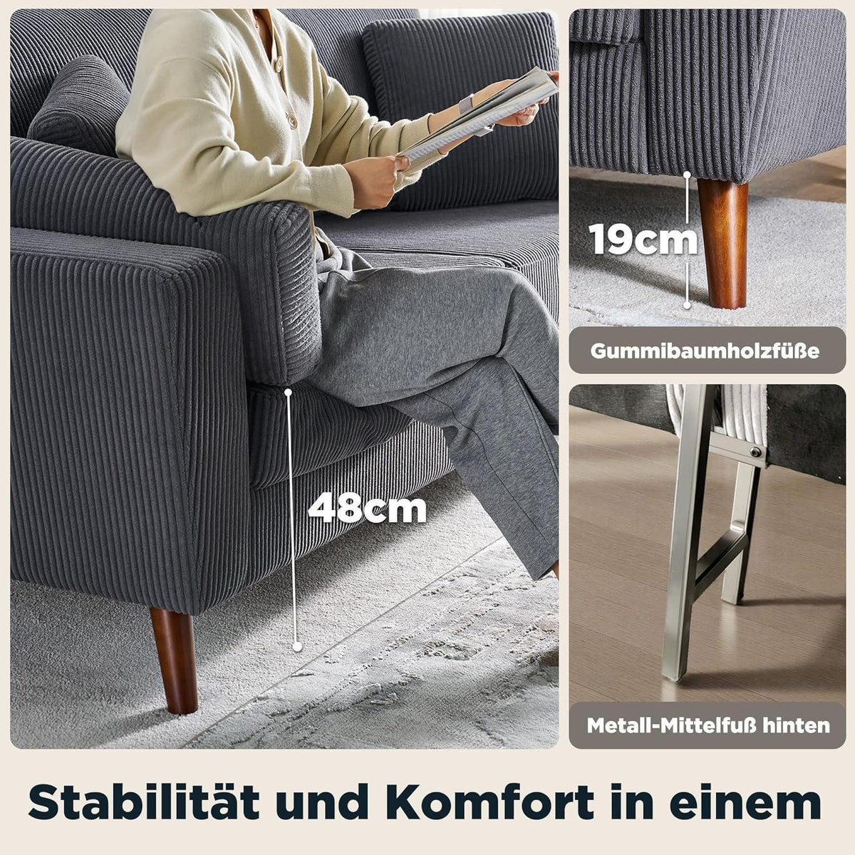 Großes 3-Sitzer Cord Sofa mit Tiefsitz & hohen Beinen – Grau