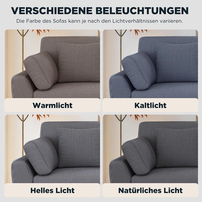 Großes 3-Sitzer Cord Sofa mit Tiefsitz & hohen Beinen – Grau