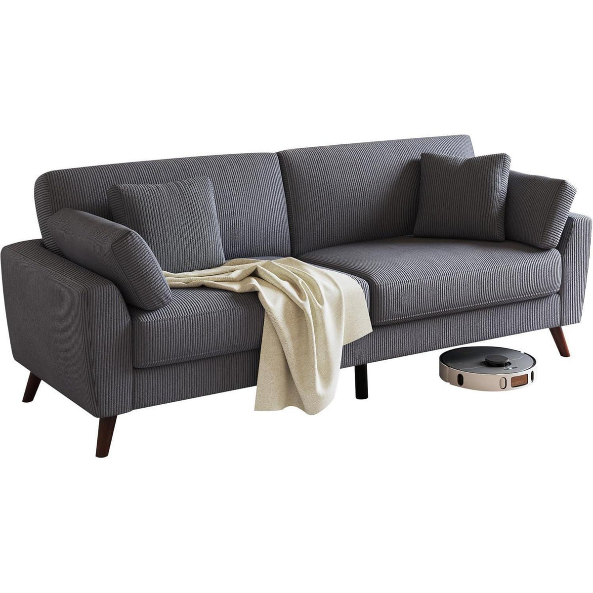 Großes 3-Sitzer Cord Sofa mit Tiefsitz & hohen Beinen – Grau