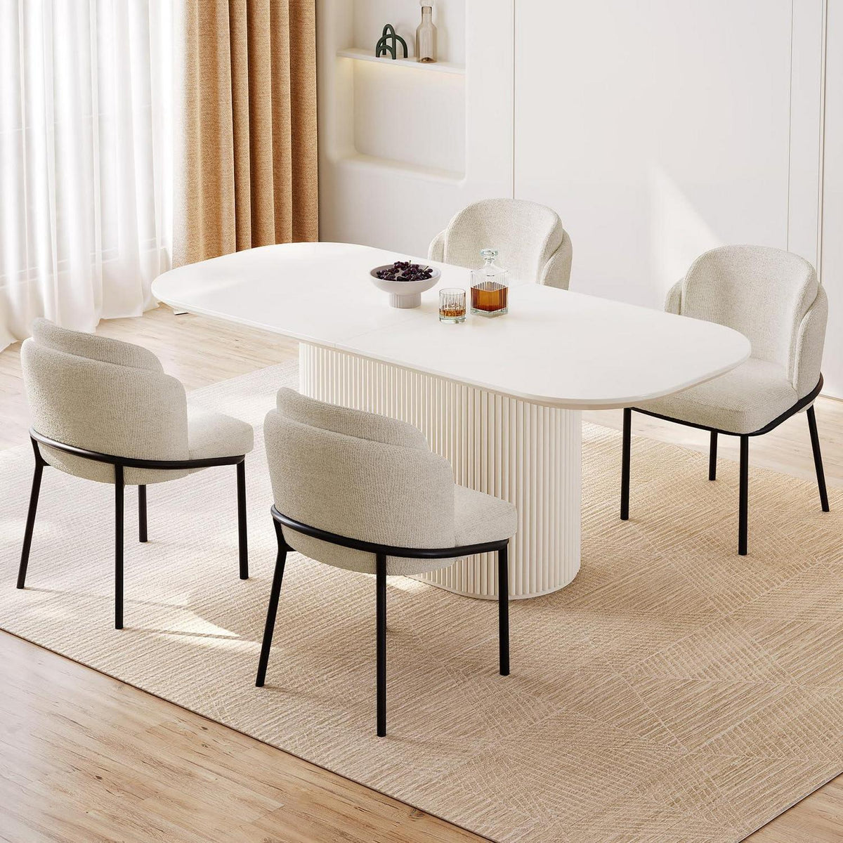 Esszimmertisch Set Weiß mit 4 Stoffstühlen – Skandinavisches Design