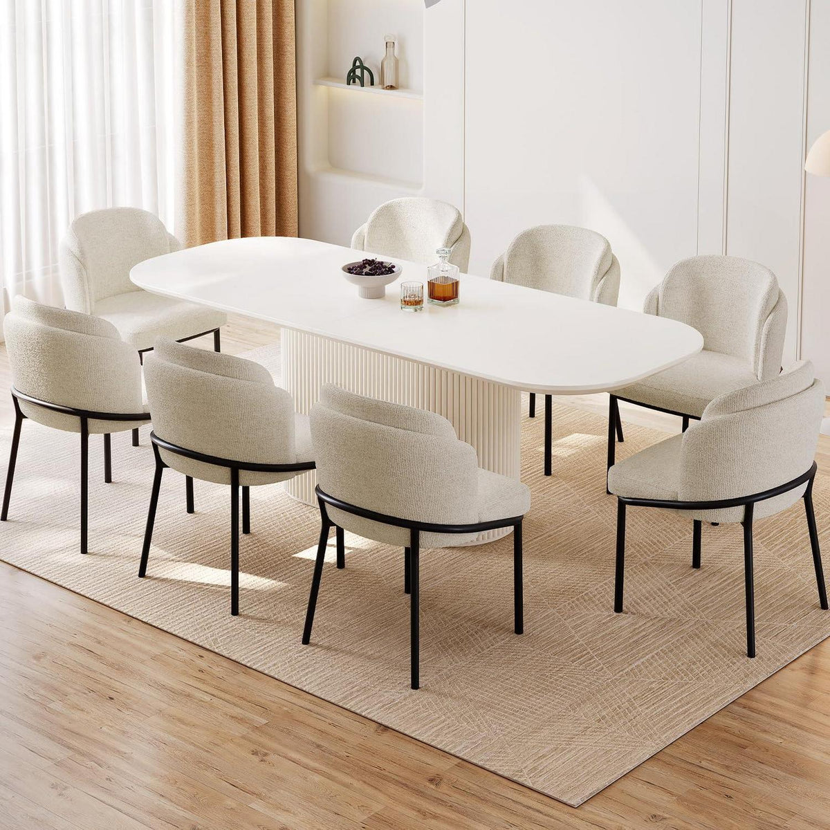 Esszimmertisch Set Weiß mit 8 Stoffstühlen, Skandinavisches Design