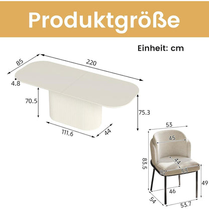 Esszimmertisch Set Weiß 220cm mit 4 Stoffstühlen, Skandinavisch