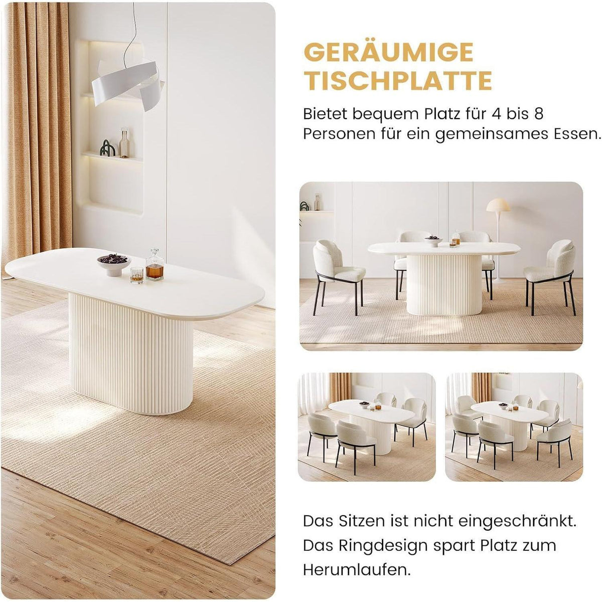 Esszimmertisch Set Weiß mit 6 Stoffstühlen – Skandinavisches Design