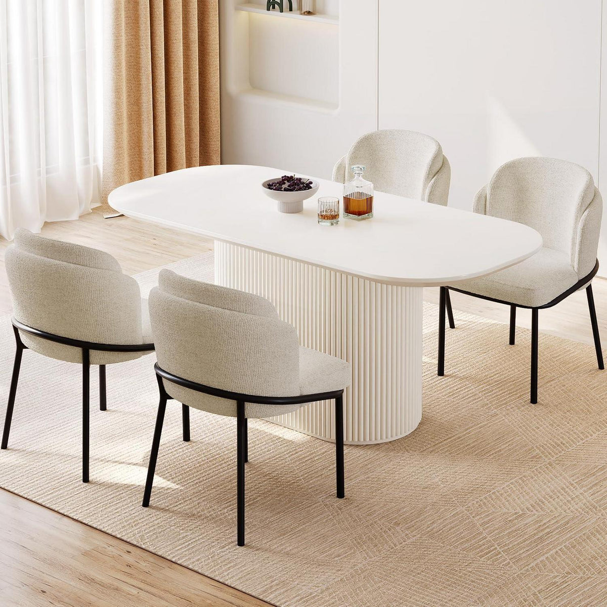Esszimmertisch Set Weiß mit 4 Stoffstühlen, Skandinavisches Design