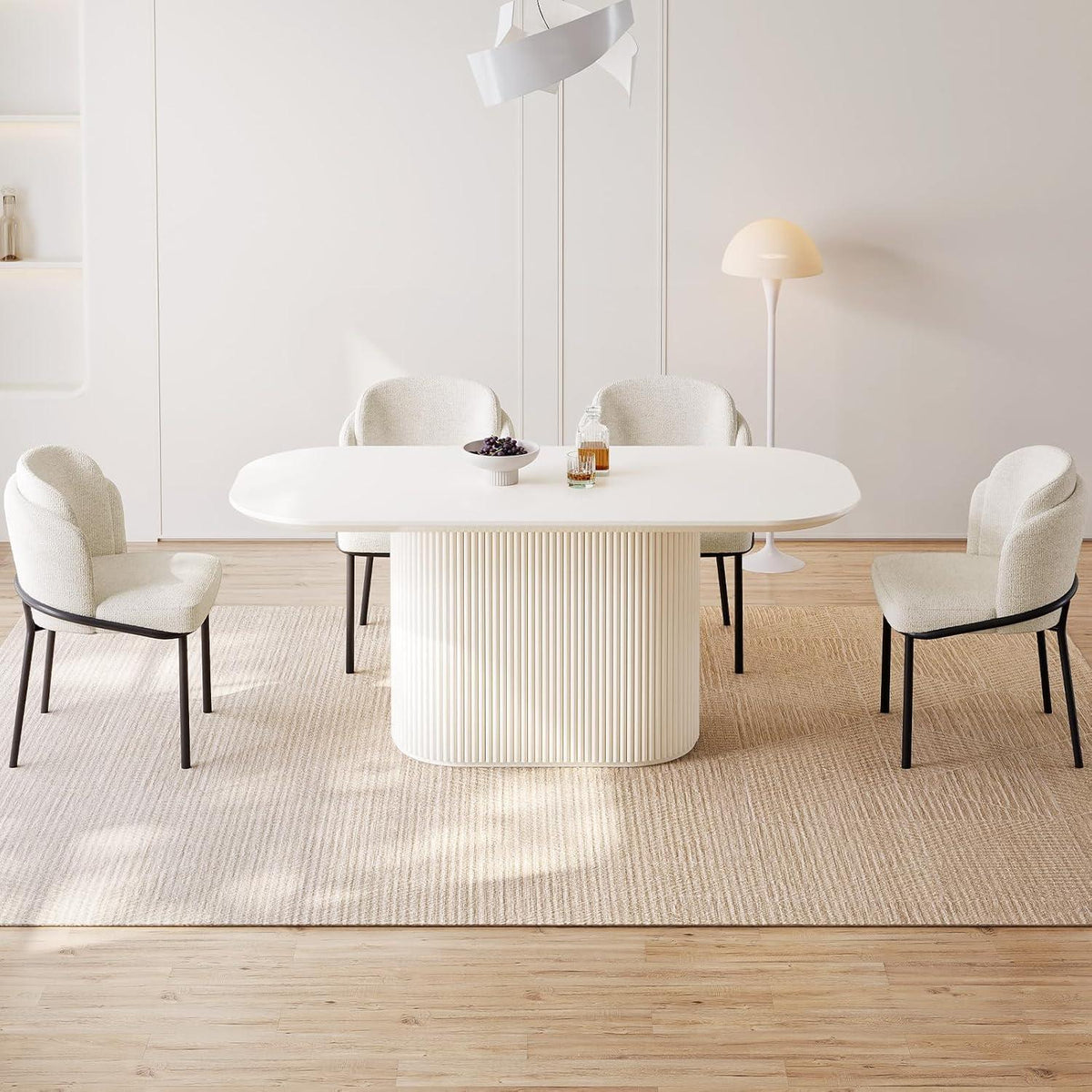 Esszimmertisch Set Weiß mit 4 Stoffstühlen, Skandinavisches Design
