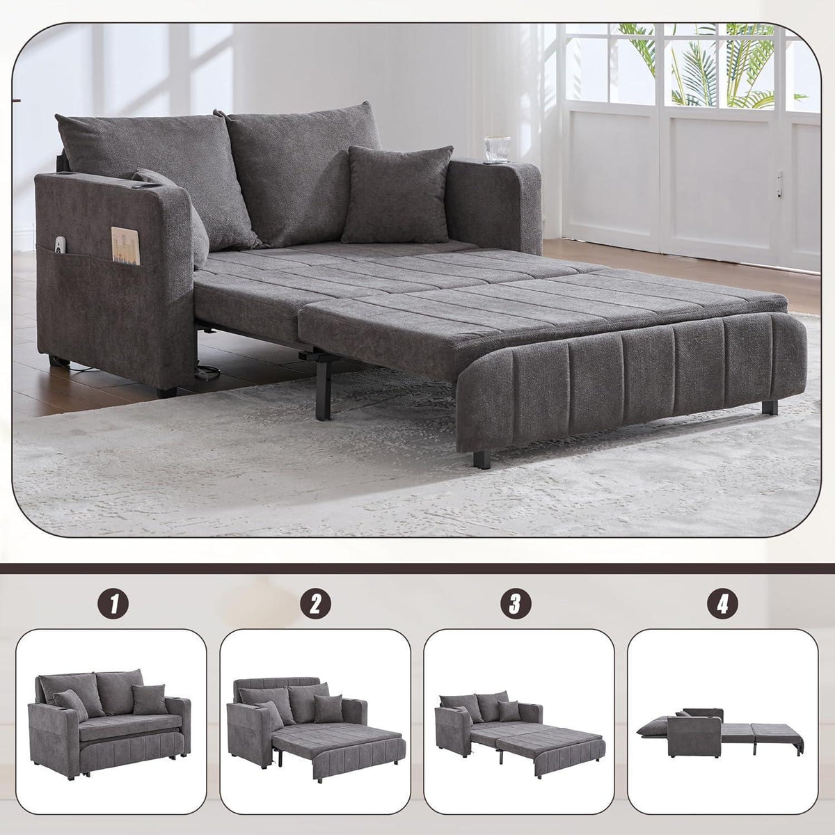 Zweisitzer Sofa mit Schlaffunktion & Aufbewahrung, Grau