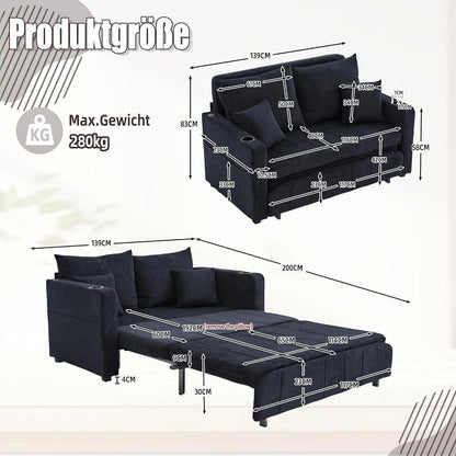 Zweisitzer Sofa mit Schlaffunktion & Aufbewahrung – Schwarz