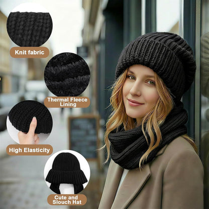 Thermo Strickmütze Damen Fleecegefüttert mit Schal | Wintermütze Balaclava