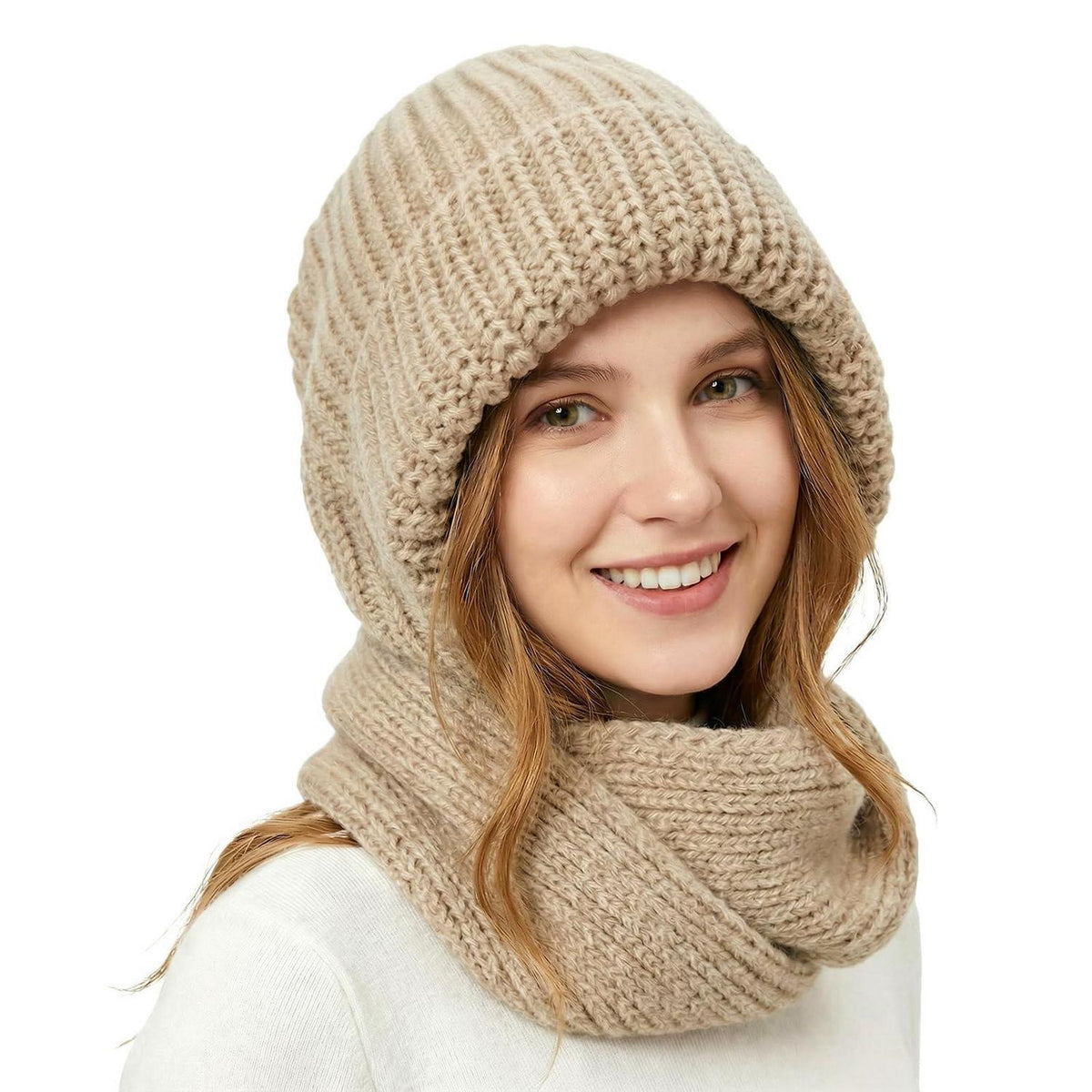 Thermo Strickmütze Damen Fleecegefüttert mit Schal | Wintermütze Slouch Beanie