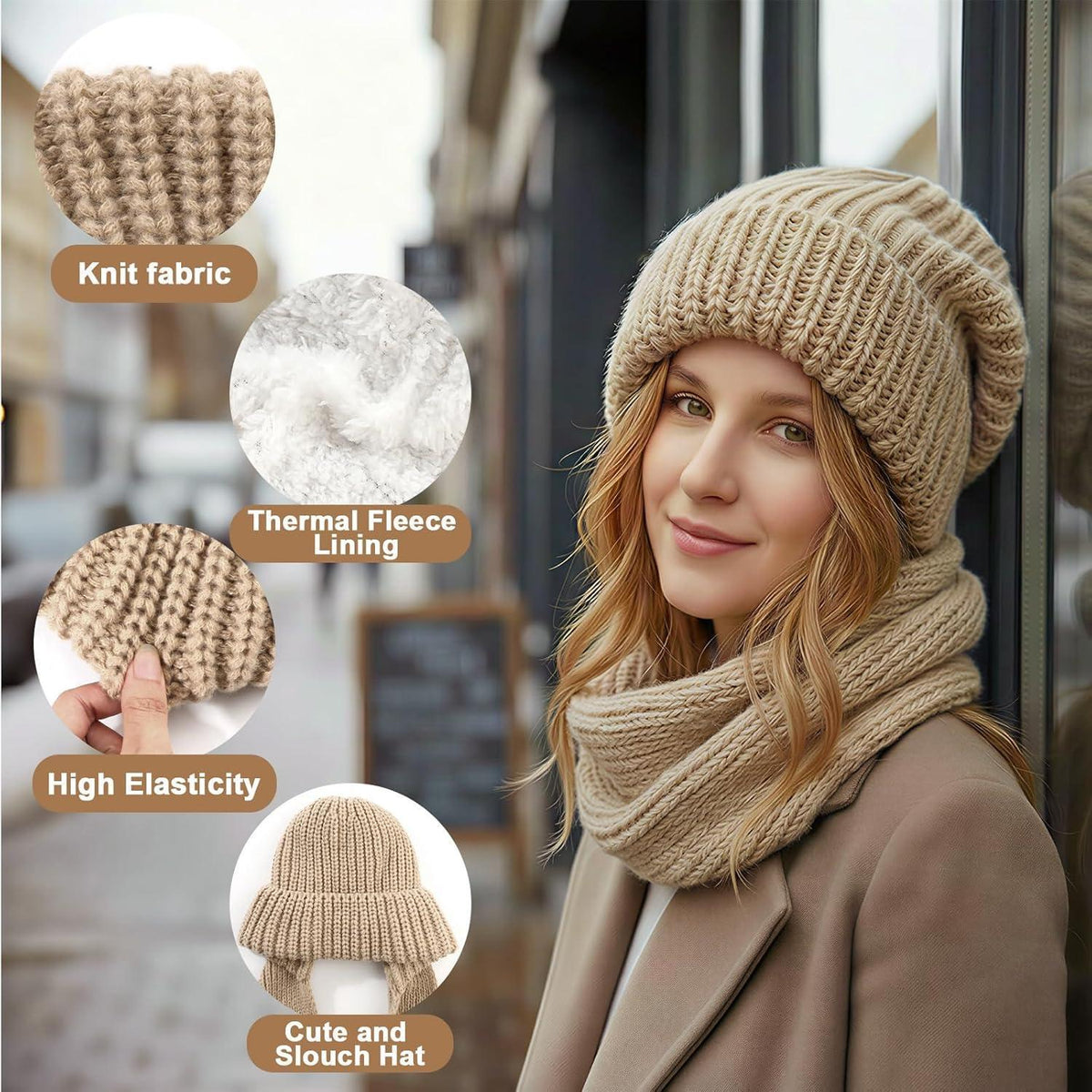 Thermo Strickmütze Damen Fleecegefüttert mit Schal | Wintermütze Slouch Beanie