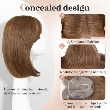 Hellbrauner Haar Topper mit Pony | Clip-in, 14 Zoll, Synthetik