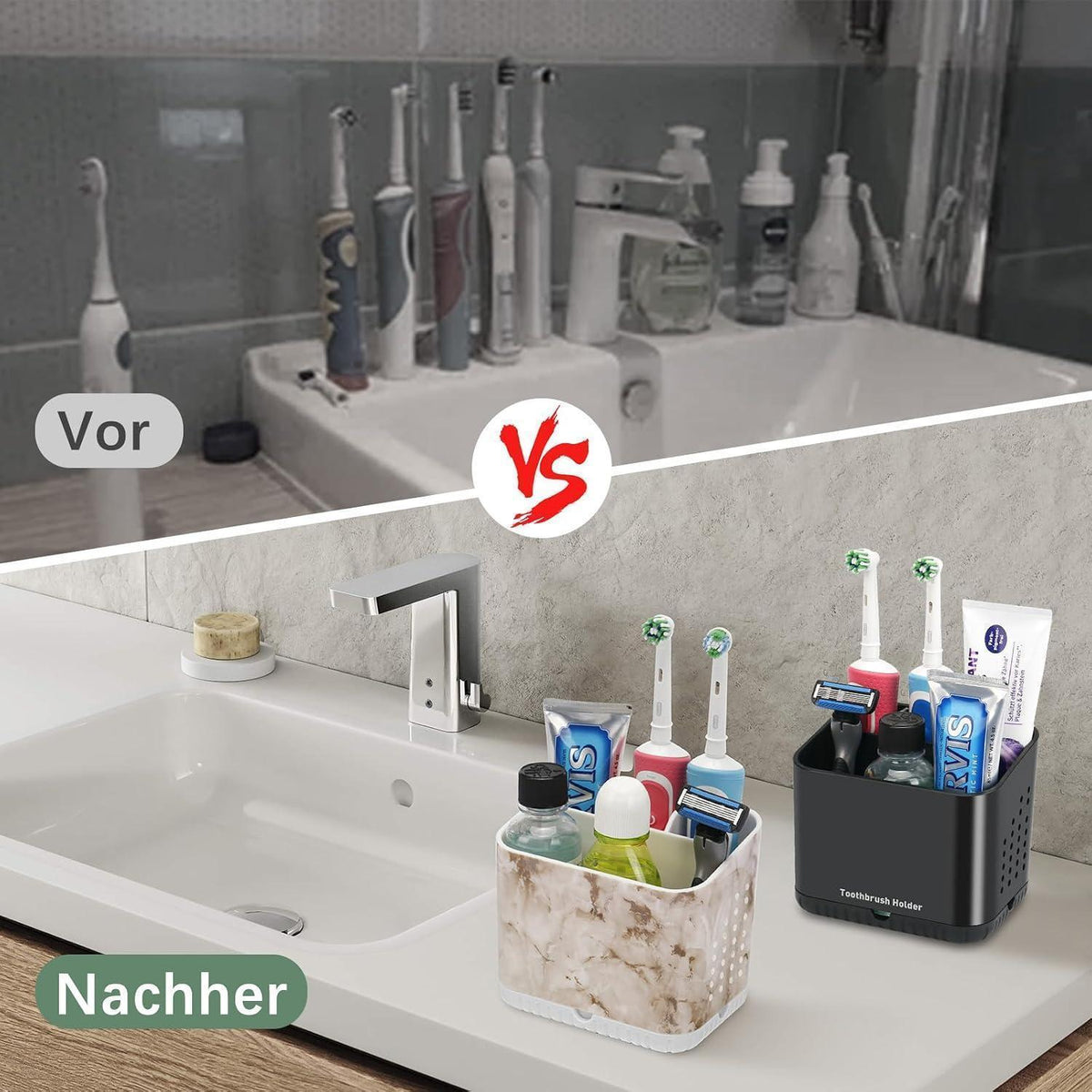 Marmor Zahnbürstenhalter mit 4 Fächern & Ablauflöchern