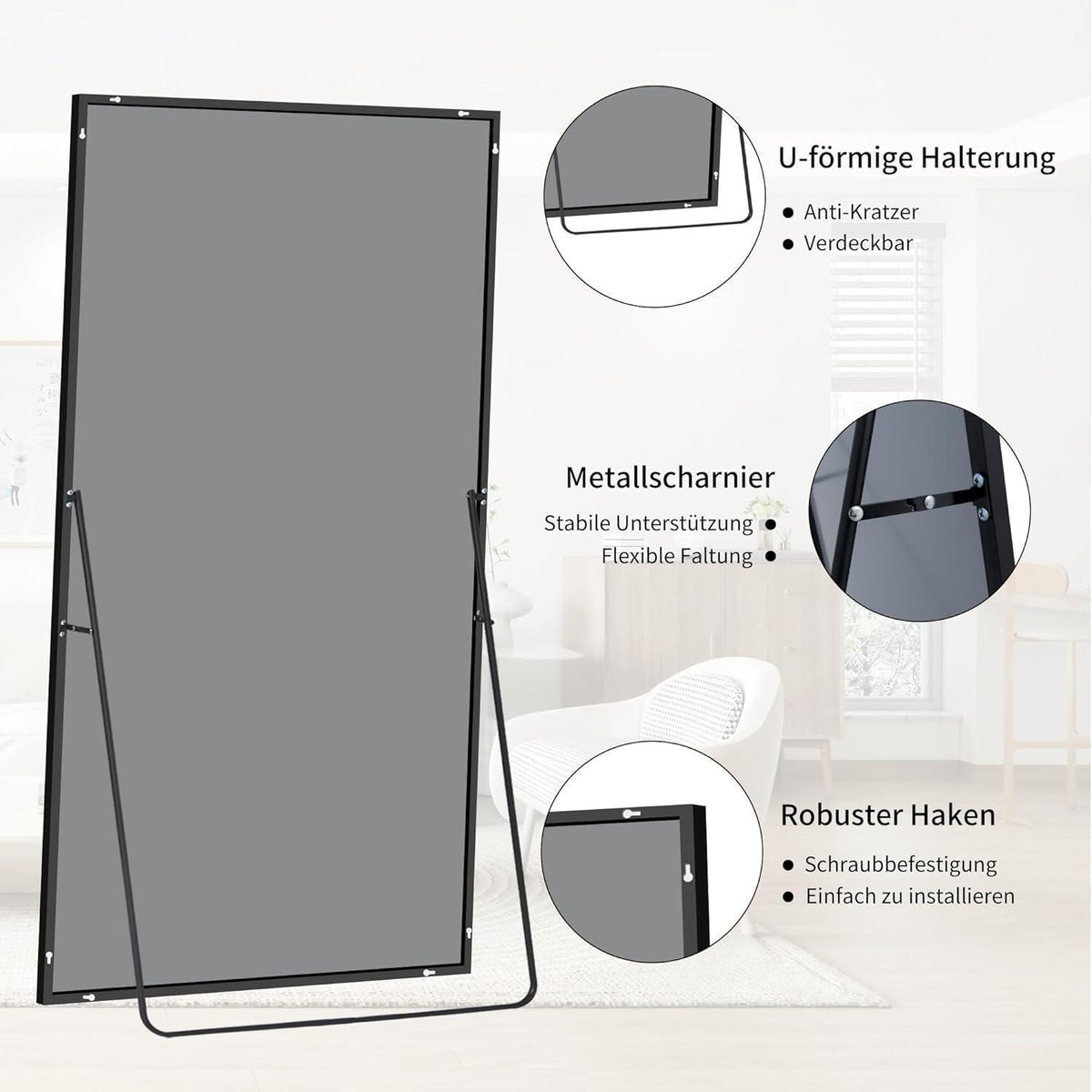 Großer Standspiegel 180x86cm mit schwarzem Aluminiumrahmen