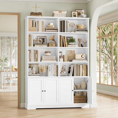 Bücherregal 185cm mit Türen & Fächern – Weißes Holzregal