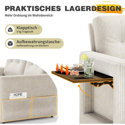 Schlafsofa mit Klapptisch & Verstelllehne – Cord Beige