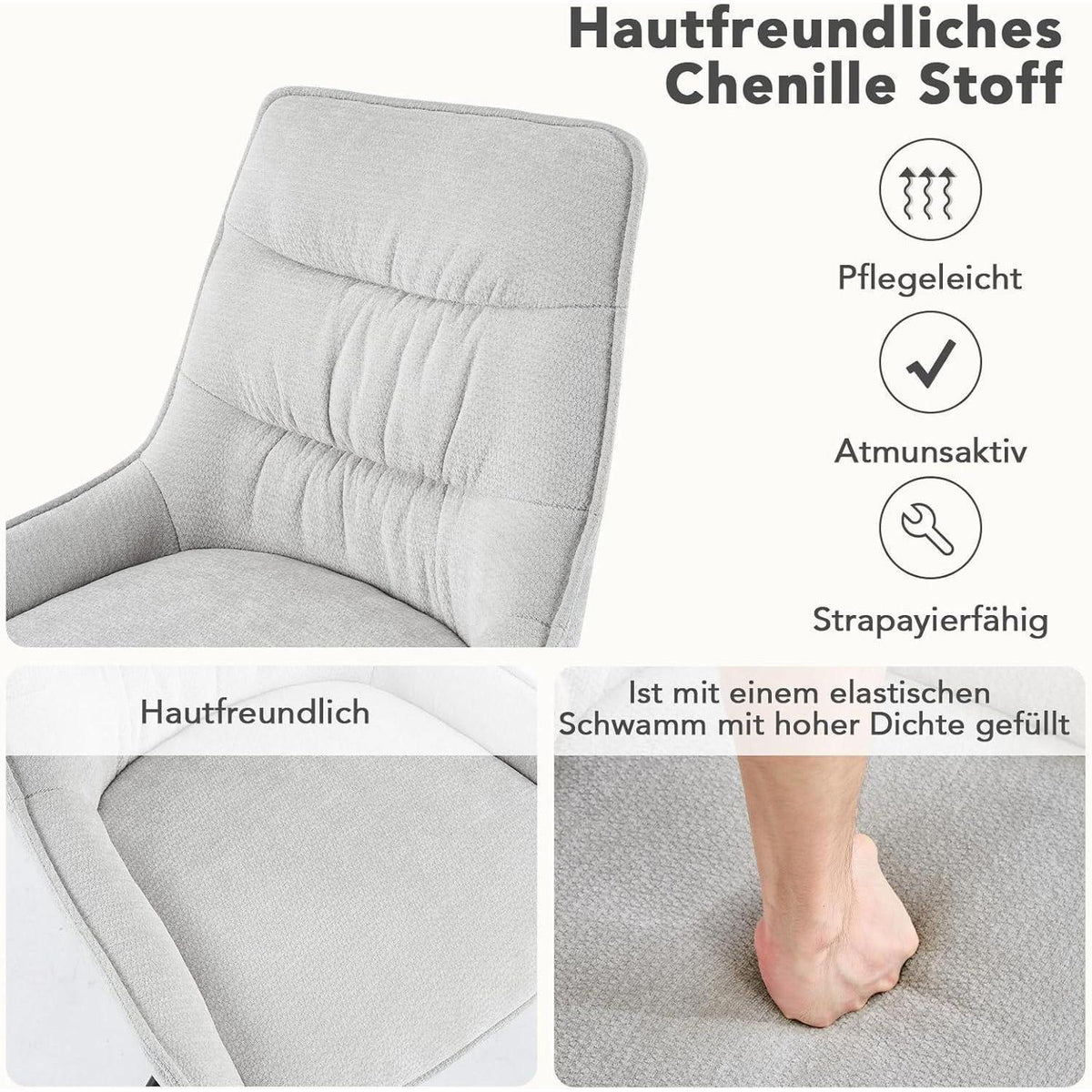 Drehbarer Esszimmerstuhl Set, Chenille, Hellgrau