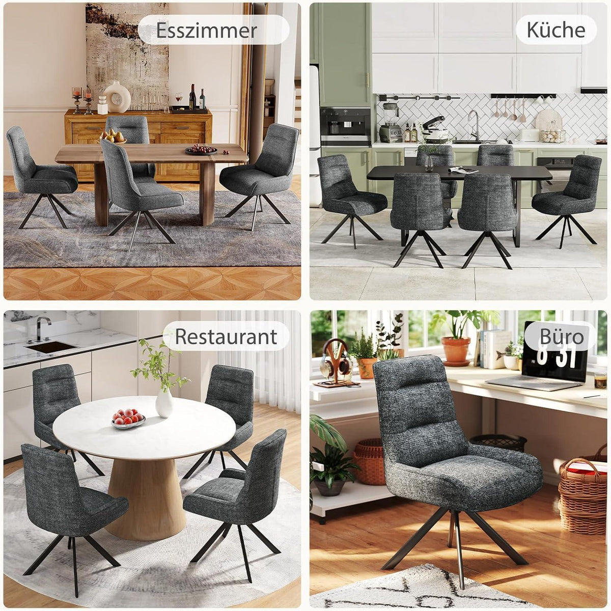 Drehbarer Esszimmerstuhl Set, Dunkelgrau, Chenille Polsterstuhl 4er Set