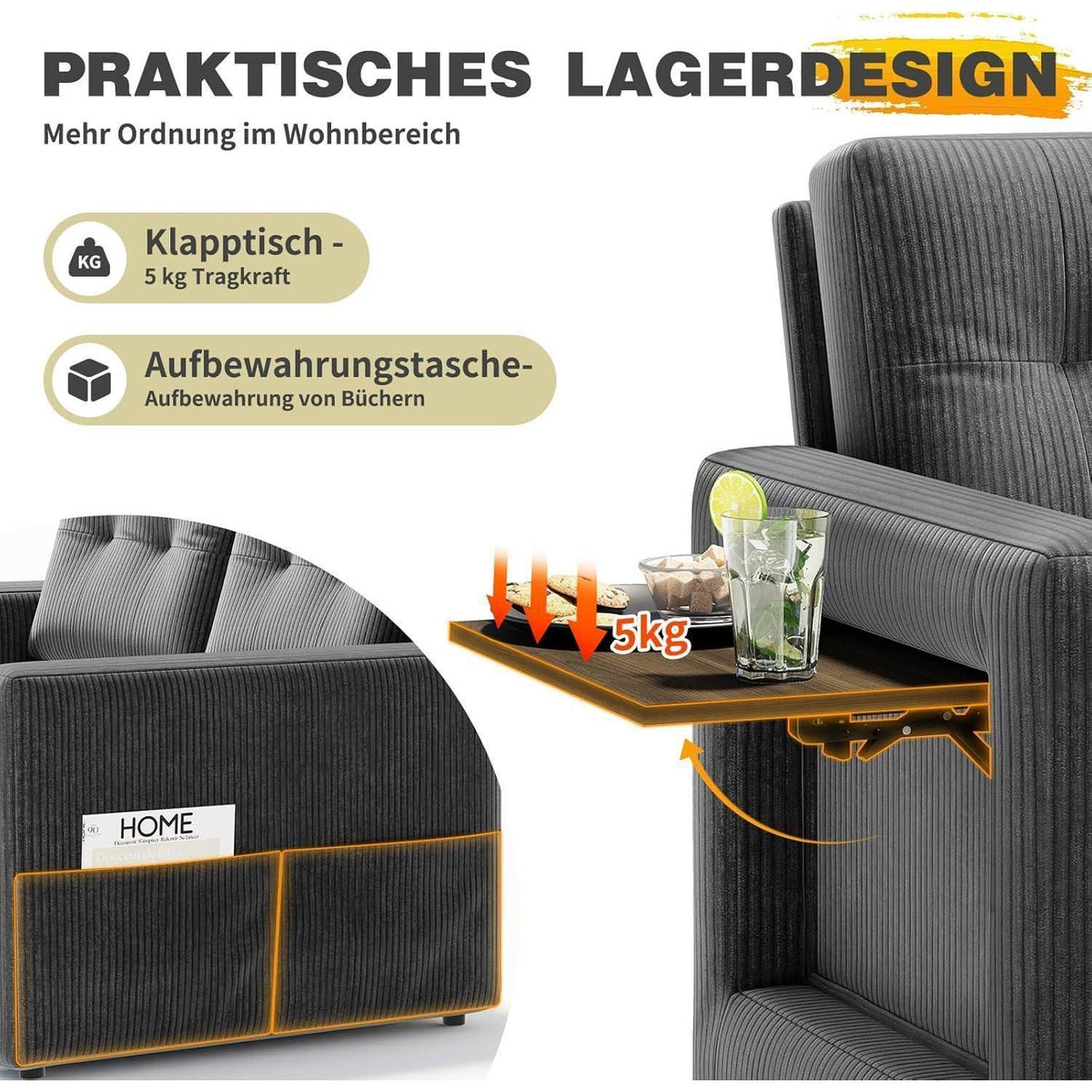 Schlafsofa mit Klapptisch & Verstelllehne – Grau