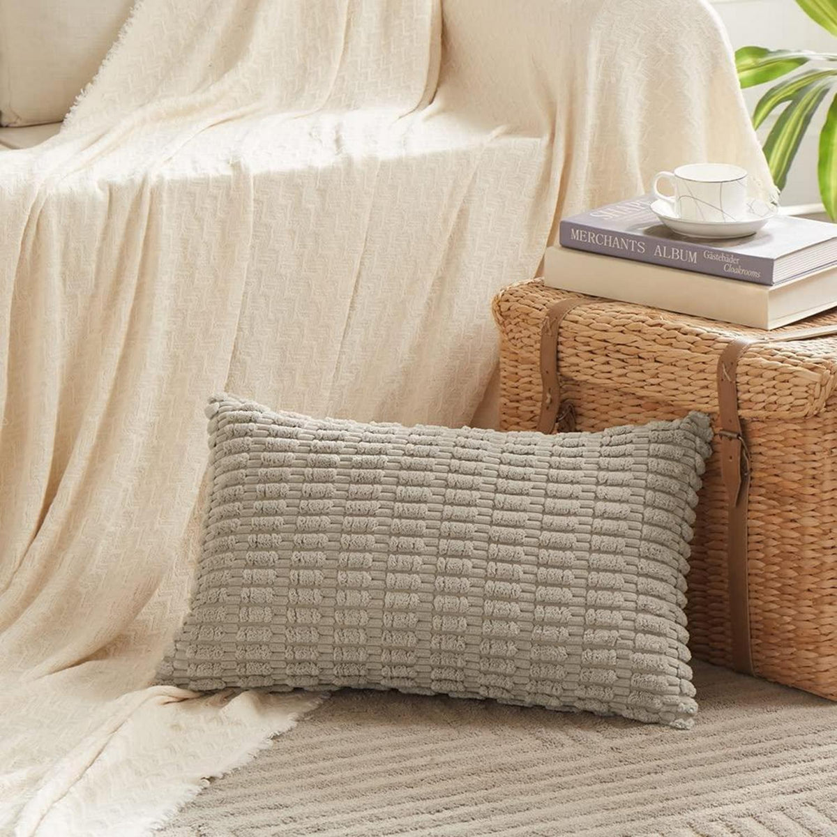 4er Set Boho Kissenbezüge 40x80 Kordsamt Grau Beige Taupe