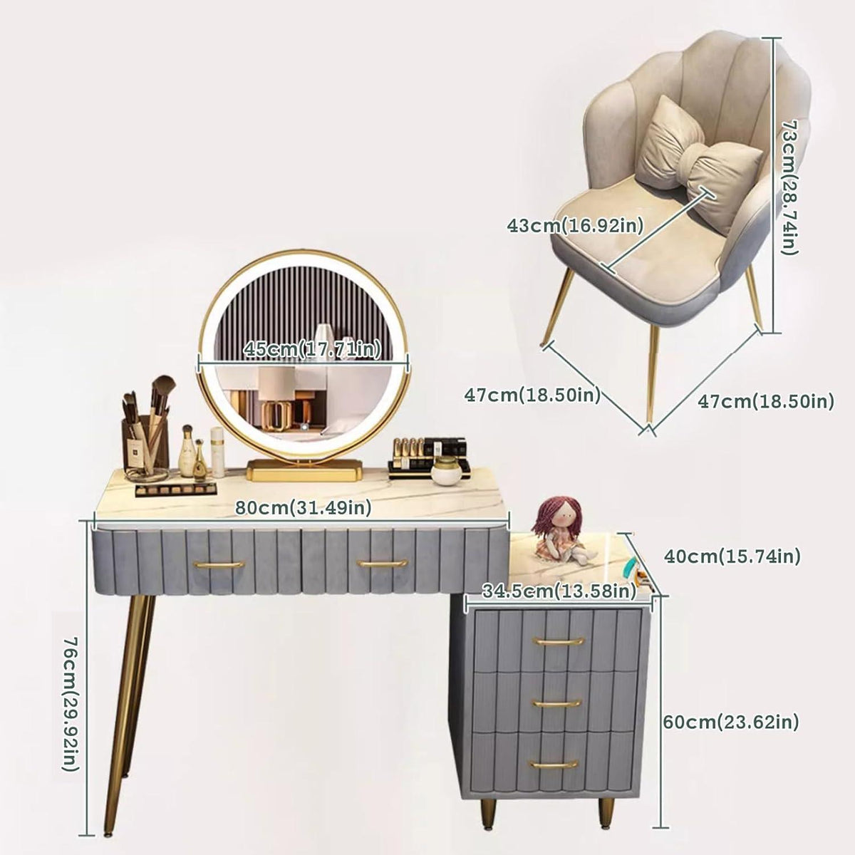 Rosa Schminktisch Set mit Stuhl & Spiegel – 80cm