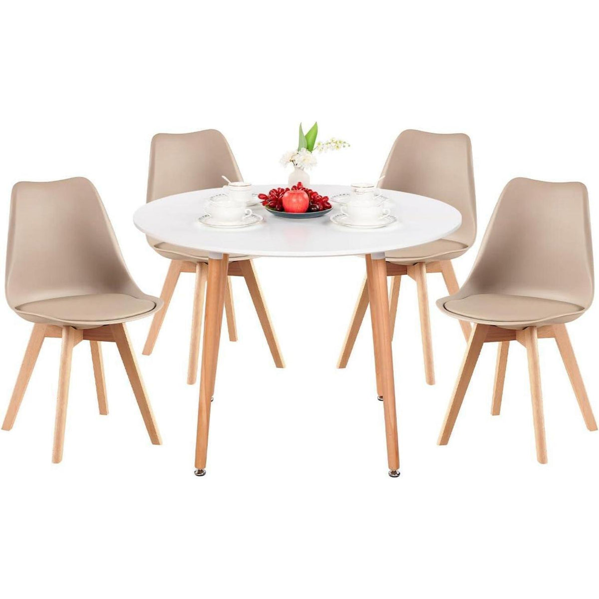 Esstisch Set mit 4 Stühlen – Skandinavisch, Weiß & Buche