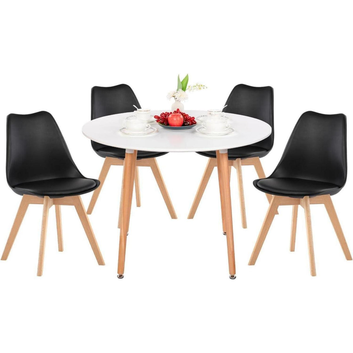 Esstisch Set mit 4 skandinavischen Stühlen – Weiß & Schwarz